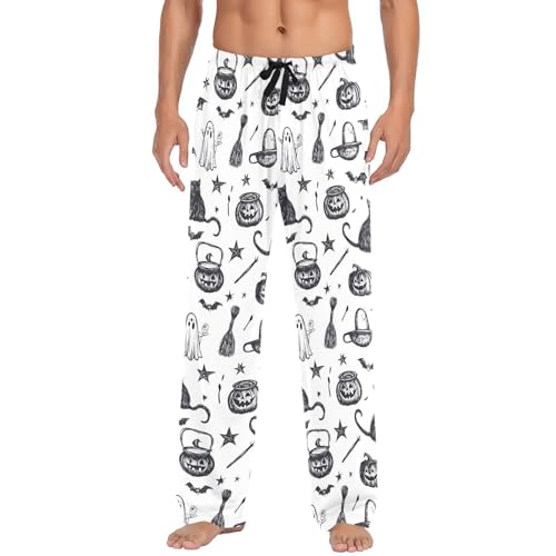 Men's Halloween Cat Pajama Pants with Pockets - Straight Fit Cotton Sleep Bottoms for Lounge & Nightwear#972