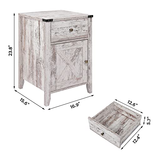 Betterhood Barnwood Rustic Farmhouse Nightstand, Side Table With Barn Door And Drawers, Weathered Oak Style End Table For Living Room Bedroom, White, 2 Pack #TOP2