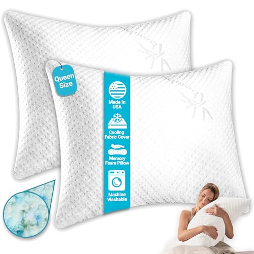 Xtreme Comforts 2-Pack Memory Foam Pillows Made in The USA - Queen Size, Slim Cooling Pillow for