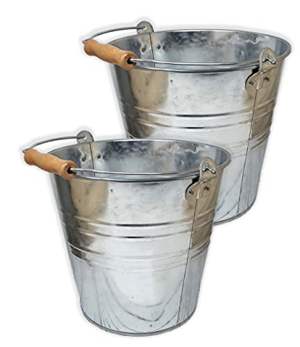Large Metal Bucket 1.875 Gallon (2 Pack) Pail Tins Silver Planter w/Wood Handle Retro Look for or décor, Gifts Basket, Ice Bucket, Top 9.5 Height 8.5, Bottom 6.5 Inch