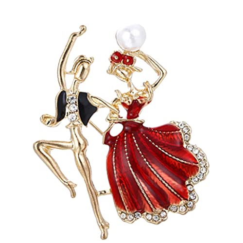 Image of Prince Princess Dancing Couple Brooch Rhinestones Pearl Decorative Red