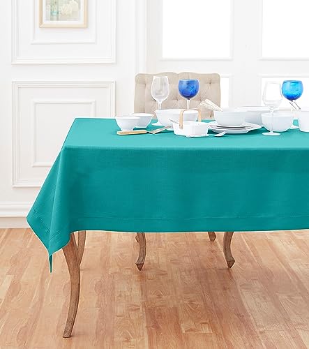 Solino Home 100% Pure Linen Tablecloth Teal, Classic Hemstitch 60 x 108 in