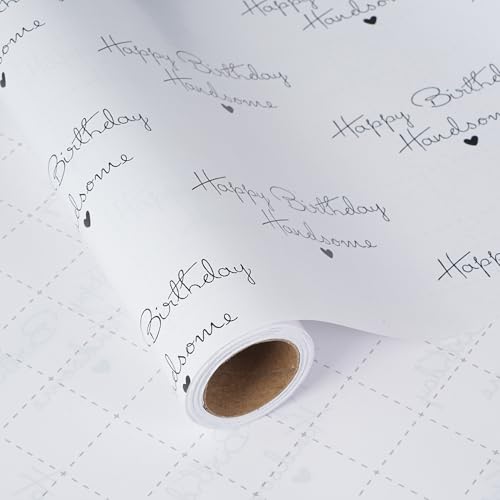 ZINTBIAL Birthday Wrapping Paper for Men - Happy Birthday Handsome Design for Special Friend Husband Boyfriend - 17 Inches x 16.5 Feet Cut Lines on Back