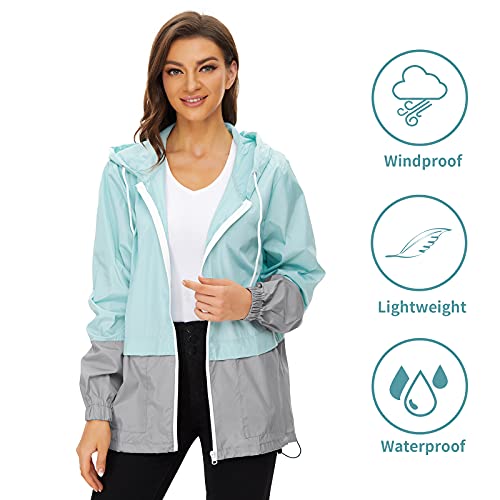 Plus Women's Color Block Drawstring Jackets With Hood Lightweight Active Outdoor Rain Coat Light Blue/ Grey X-Large #TOP4