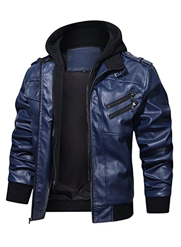 HOOD CREW Men’s Casual Stand Collar PU Faux Leather Zip-Up Motorcycle Bomber Jacket With a Removable Hood Navyblue 4XL - Thumbnail 2