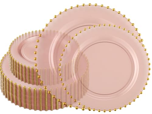 PLASTICPRO 128 Piece Combo Plastic Dinner Plates Disposable Plastic Fancy Heavy Duty Party Dishes 7 inch and 10 inch, Translucent Rose and Gold Beaded