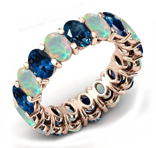 Vintage Opal & London Blue Topaz Eternity Band 925 Sterling Silver Opal Eternity Engagement Band Art Deco Prong Setting Ring Oval Shape Gemstone Gift For Her Birthday Gift Jewelry