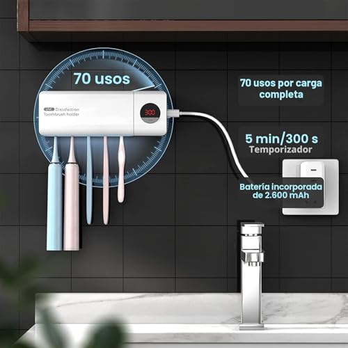 Miniatura 5 de Dshow Desinfectante Para Cepillos De Dientes Con Uv, Soporte Para Cepillo De Dientes De Baño Montado En La Pared Con Función Esterilizador, Carga De 2000 Mah, Función De Tiempo Blanco