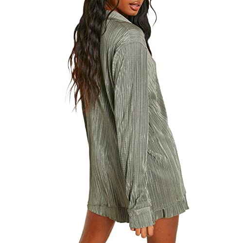 Nufiwi Women 2 Piece Pleated Pants Set Long Sleeve Button Down Shirt Blouse Top Wide Leg Pants Outfits Y2K Fashion Streetwear(Ruffle Light Green,Small) #TOP3