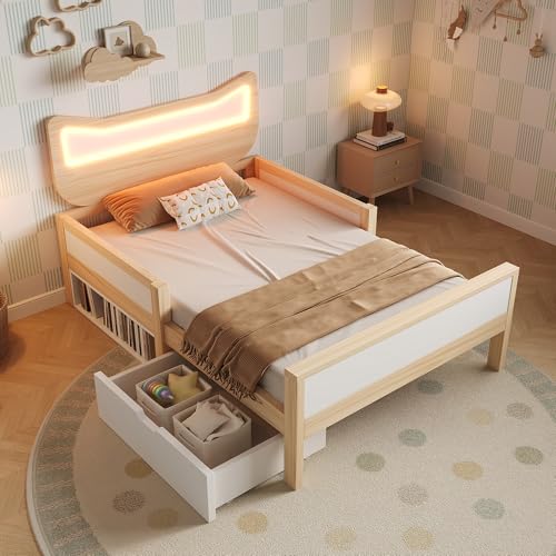 Goldicoo Cama infantil individual 90 x 200 cm, cama de madera blanca, orejas de gato, cabecero RGB LED, espacio de almacenamiento, cajones, rejilla protectora de roble sin colchón