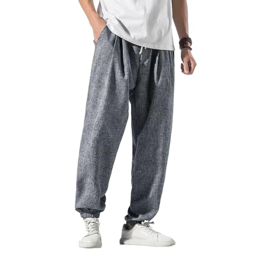 Men's Cotton Linen Pants Casual Harem Joggers Summer Drawstring Waist Pants Male Chinese Style Baggy Trousers