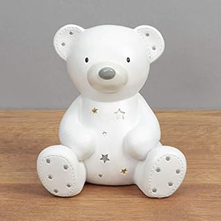 Widdop & Co. Bambino White Resin Money Box - Teddy Bear with Gold & Silver Stars - Perfect Nursery Decoration Or Baby Gift Christening Baby Shower