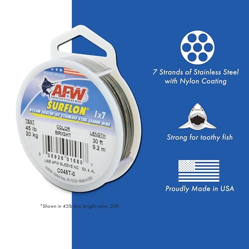 American Fishing Wire Surflon, Nylon Coated 1x7 Stainless Steel Leader Wire, 45 lb Test, .028" Diameter, Black, 1000 ft