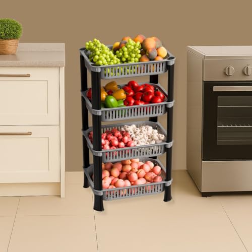 Image of Plastic Kitchen Rack, Multipurpose Vegetable & Fruit Storage Basket Organizer for Home, Pantry & Kitchen - Strong & Easy to Assemble (4 Layer, Silver)