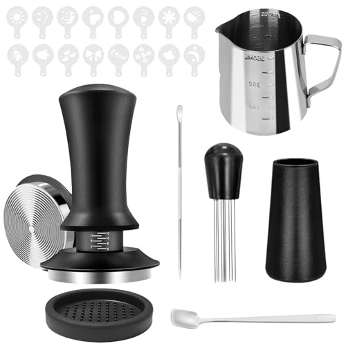 Bocguy Juego de 21 prensadores de café de 51 mm, accesorios portafiltros, juego de barista, herramienta de barista con almohadilla a prueba de fugas, agitador, jarra de espuma, cuchara mezcladora