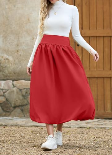 Women's Bubble Long Skirt Elastic Waist A-Line Pleated Ruffle Flowy Balloon Maxi Skirts with Pockets