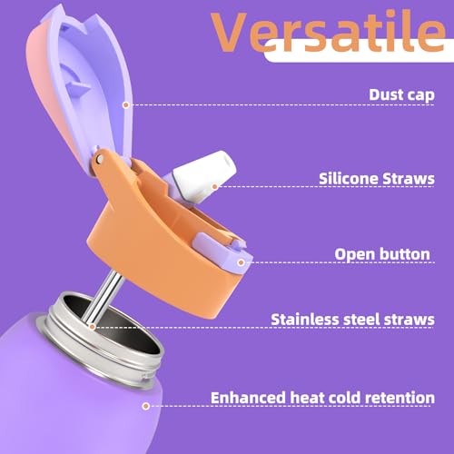 Saseum Water Bottle with Straw, 24 oz Free-Sip Double-Wall Vacuum Insulated Stainless Steel Bottle, One-Click Open Design with Soft Silicone Spout, BPA-Free, Ideal for School, Sports & Travel