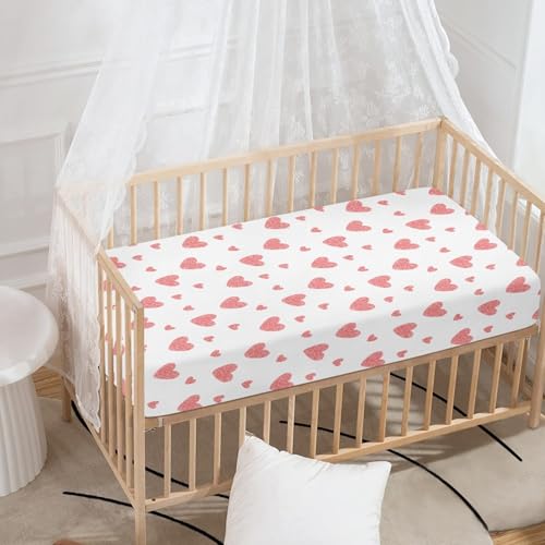 Image of Hearts Baby Crib Sheets for Boys Girls Pink Fitted Crib Sheet for Standard Crib and Toddler Mattress Cute Heart Baby Mattress Sheets Toddler Bed Sheet 52x28x8 in