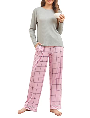 Famulily Damen Herbst Pyjamas warme Pyjama Sets lockere Passform Nachtwäsche Strickoberteile und Karo Hosen mit weitem Bein, Grau XXL Cover