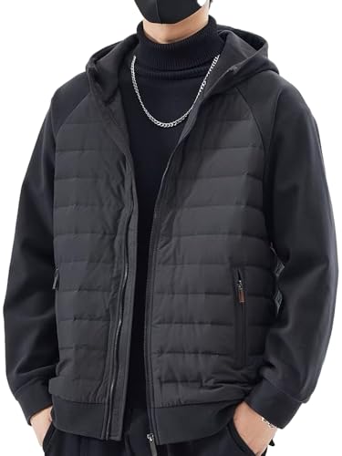 Mens Puffer Jacket with Hood Packable Lightweight Quilted Jacket Full Zip Casual Splicing Winter Coats