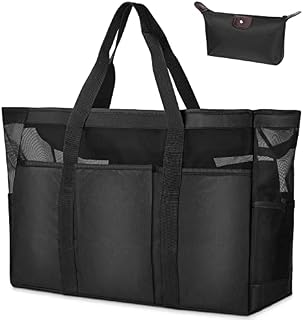 Large Mesh Beach Bag, Summer Beach Bags with Zipper, Waterproof Travel Tote Bag Nylon Mesh Bag, Multi Pockets Large Shoulder Bag for Beach Party Travel Picnic Vacation Shopping - 60 x 35 x 18 CM