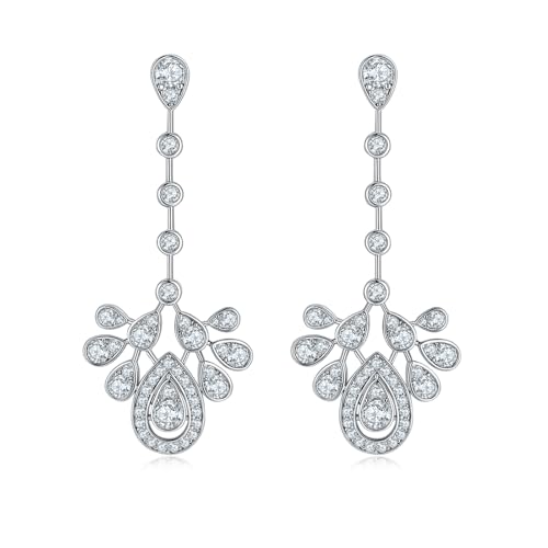 Frwiskp Wedding Bridle Earrings for Brides Silver Earrings 14K White Gold Plated Sterling Silver Cubic Zirconia Dangle Chandelier Tassel Earrings Hypoallergenic Jewelry Gift, 14k Genuine White Gold