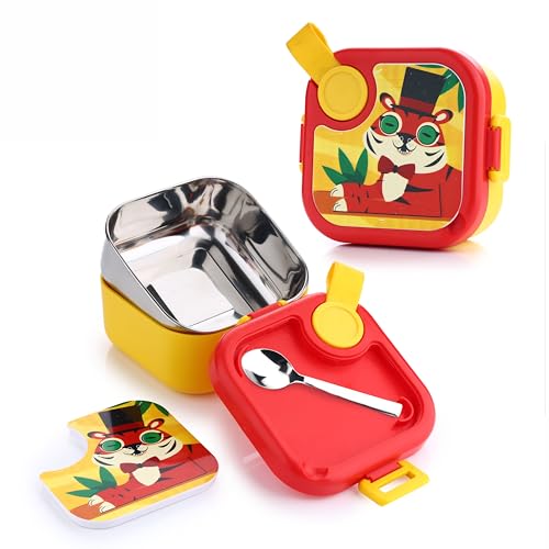 Image of Homeor Stainless Steel Box with Spoon, Tiffin Box for Kids, Airtight BPA Free & Leakproof Lunch Box, Steel Box for School Girls and Boys, Snacks Tiffin for Kids, 500 ML, Red & Yellow