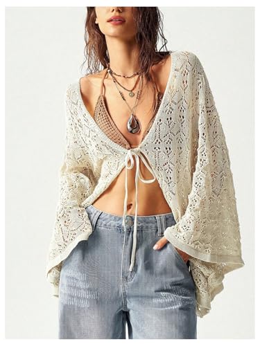 MakeMeChic Women's Light Weight Cardigan Sweaters Hollow Out Tie Front Deep V Neck Long Sleeve Fall Outerwear3