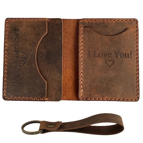 Personalized Engraved Minimalist Genuine Leather Wallet for Men and Women, Custom Card Holder Wallets with 4 Card Slots with Keychain and Giftbox, Gifts for Birthdays, Christmas (Brown)