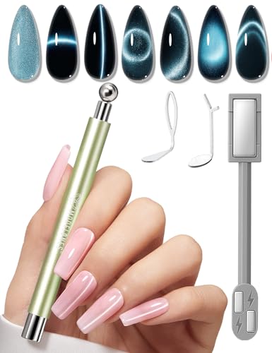 Image of modelones Cat Eye Magnet for Nails, 3-in-1 Green Cateye Gel Polish Magnet Pen & Heart-Shaped Magnet for Nail Art & Ball &Hole &Lightning Magnet, Multi-Effect Magnets for Nail Art Lovers DIY Salon
