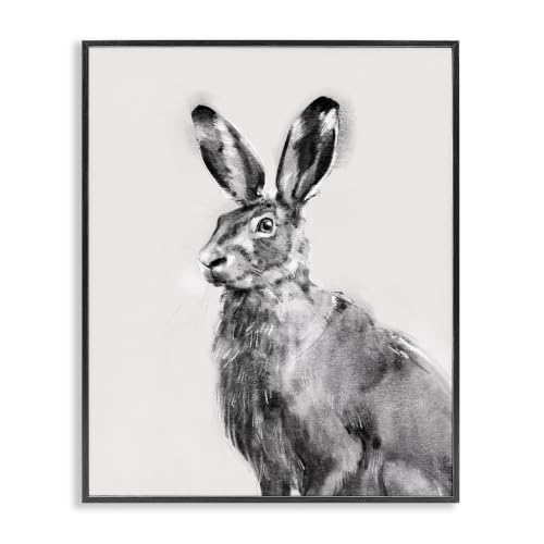 Stupell Industries Large Wild Hare Portrait Minimal White Illustration, Design by Emma Caroline Black Framed Wall Art, 16 x 20, Grey
