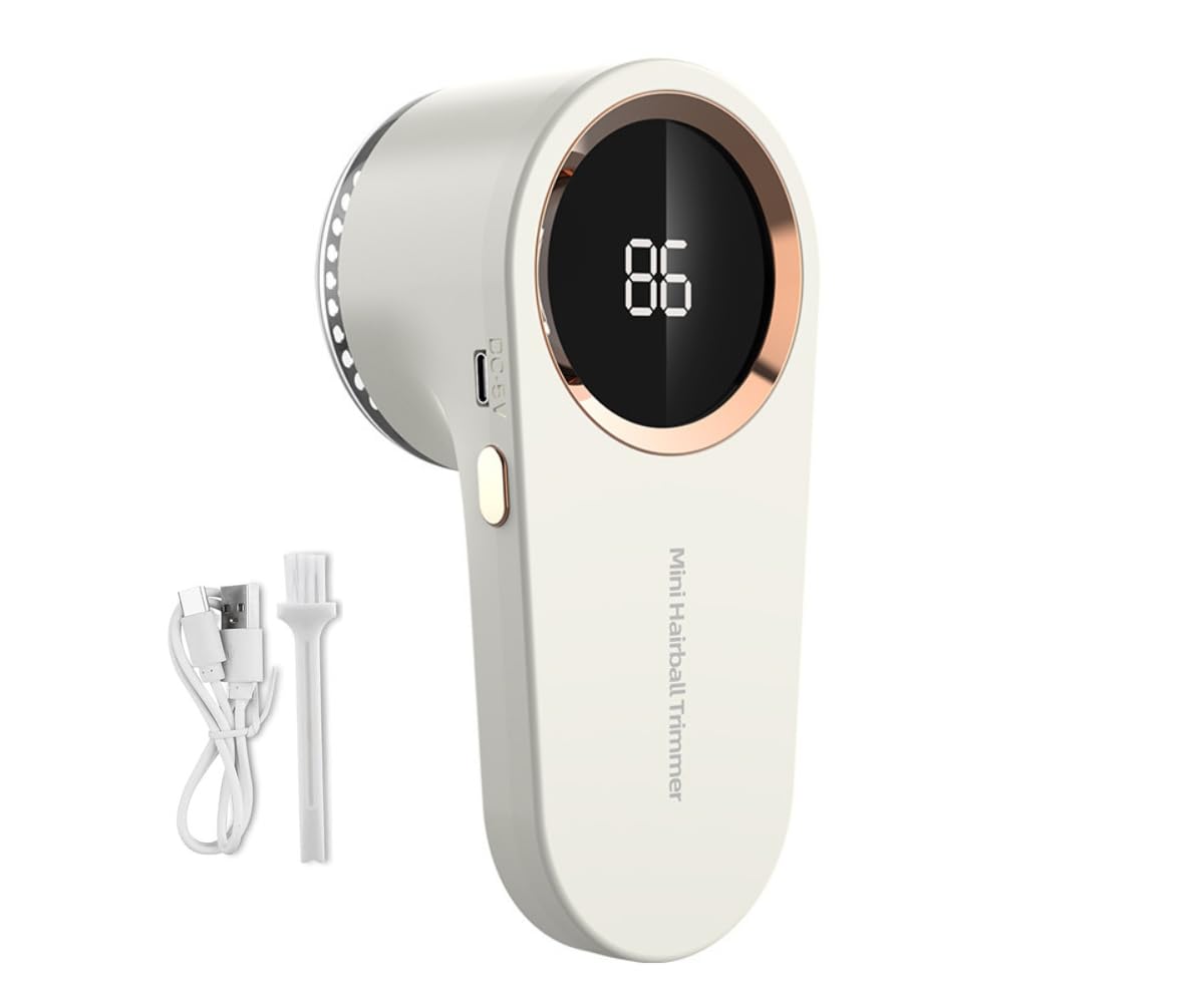 KLUX Fabric Shaver, Rechargeable and portable Lint Remover, Bobble Remover for Clothes and Furniture, Digital Display, 1 pcs 6 leaf blades included, Off WHite.
