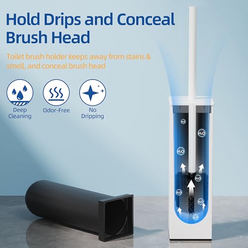 Image of RUACQ Toilet Brush and Holder Set, Square, White, 2 Pack | SUS304 Stainless Steel Handle, Toilet Cleaner Brush with Durable Scrubbing Bristles, Splash-Proof