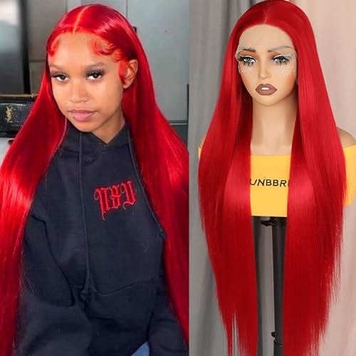 Aubree Red Hair Lace Front Long Straight Wigs Glueless Pre Plucked Lace Front Wigs for Black Women Heat Resistant Fiber Natural Synthetic Silk Wig With Baby Hair