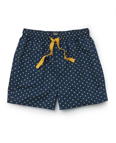 THE SAVILE ROW COMPANY LONDON Men's Luxury 100% Cotton Soft Pyjama Lounge Shorts - Navy Yellow Fleur De Lys Print - X-Large