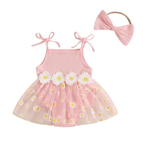Image of Newborn Baby Girl Clothes Sleeveless Flower Tulle Patchwork Romper Dress with Bowknot Hairband Summer Outfits