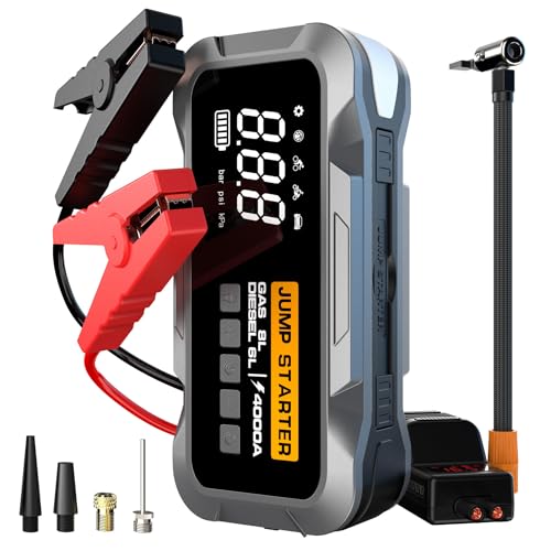Image of Smart Saver Car Jump Starter Kit 4000A, Emergency car Starter Battery with Tyre Air Compressor, 12V, 8000mAh,LED,12VBattery Booster Pack with 150PSI Digital Tire Inflator (4 in 1 Car Kit)