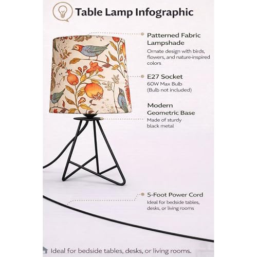 Image of Modern Black Tripod Table Lamp with Taper Fabric Shade | Metal Base Bedside Lamp for Bedroom, Living Room, Study, Office & Nightstand | Decorative Table Light (Bird)