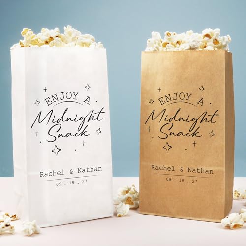 Big Dot of Happiness Personalized Midnight Snack Popcorn Bags, Custom Late Night Wedding Party Favor Snack Treats, Free-Standing Individual White Paper Bags - 25 Count