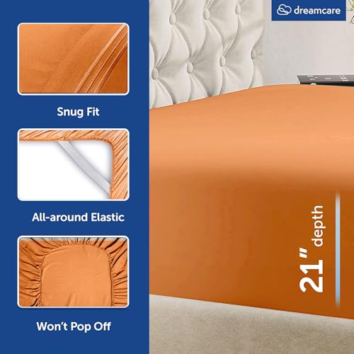 Image of DREAMCARE King Size Sheets Set - 6 pcs Breathable Cooling Sheets King Size | up to 21 inch Extra Deep Pocket King Sheet Set with Side Pockets - Extra Soft 100% Double Brushed Hotel Luxury Bedding -Terracota