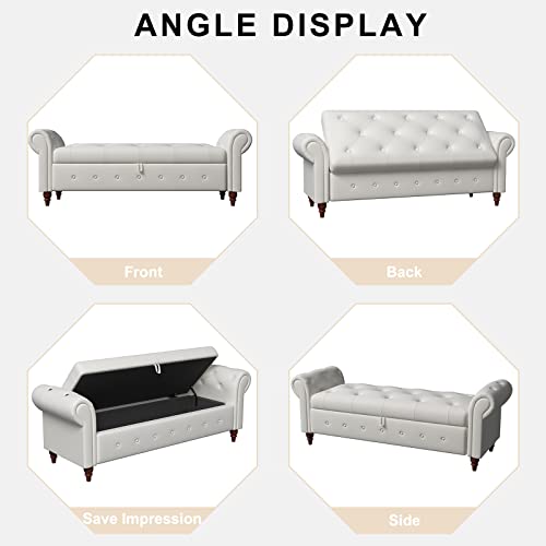 Gnixuu End Of Bed Storage Bench, Fabric Ottoman Bench Upholstered Rolled Armed Ottoman Bench For Entryway Bedroom Living Room(Beige) #TOP4