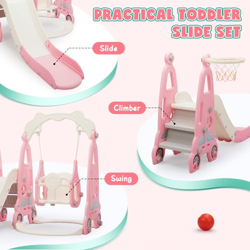 4 in 1 Slide Climber Swing Set, Freestanding Toddler Slide Climber Playset with Basketball Hoop, Toddler Playground Indoor Outdoor, Easy Setup (Pink) - Thumbnail 4