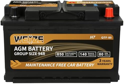Weize Platinum AGM Battery BCI Group 94R - 12v 80ah H7 Size 94R Automotive Battery, 140RC, 850CCA, 36 Months Warranty, Dimensions 12.4" L x 6.89" W x 7.48" H