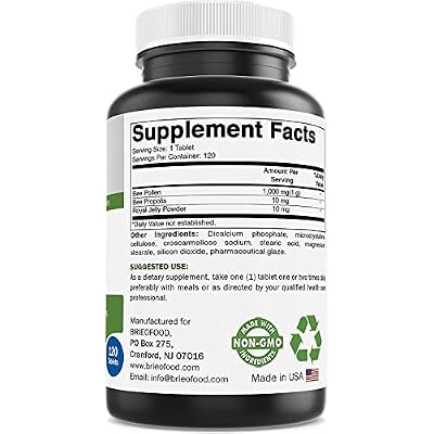 Brieofood Bee Pollen Complex 1000 mg 120 Tablets - Made with Bee Pollen, Bee Propolis, Royal Jelly Powder