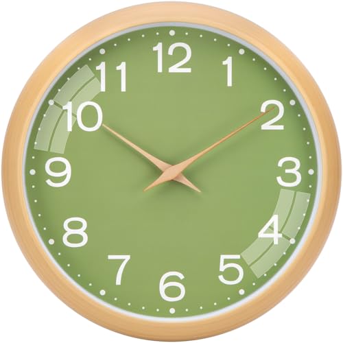 Warminn Orologio da Parete in Legno - Silenzioso, a Batteria, Facile da Leggere - Design Moderno con Display Chiari - 30 cm Ø (Verde)