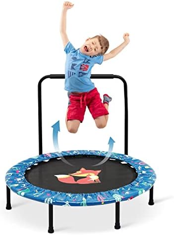 38'' Kids Trampoline Mini Foldable Fitness Trampoline Cover with Adjustable Handrail and Safety Padded Indoor/Outdoor Use