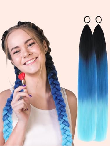 2 Pack Extension per Coda di Cavallo con Elastico Blu Sfumato Parrucca Sintetica Dritta per Donne Bambine Cosplay 26 Pollici