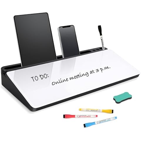 DOLLAR BOSS Glass Desk Whiteboard Small Dry Erase Board Desktop White Board with Storage Drawer Computer Keyboard Stand Desk Organizer School Supplies Office Accessories with 4 Markers 1 Eraser, White Cover