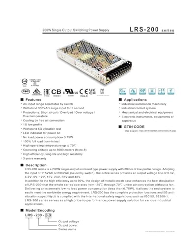 Alimentation à sortie unique LRS-200-24 robuste pour l'industrie