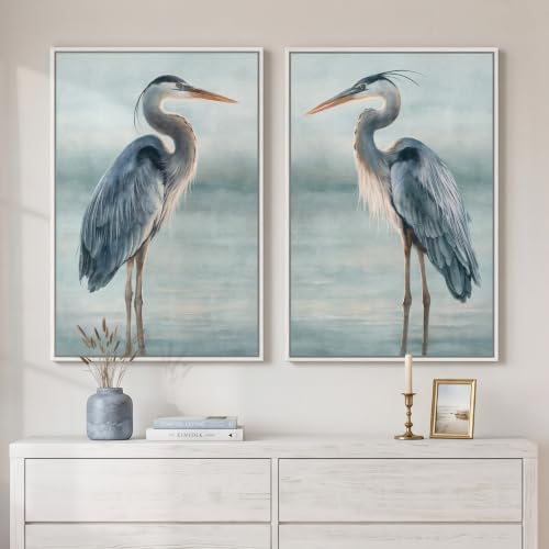 Framed Vintage Coastal Blue Heron Bird Wall Art for Living Room, 24x36 Inch